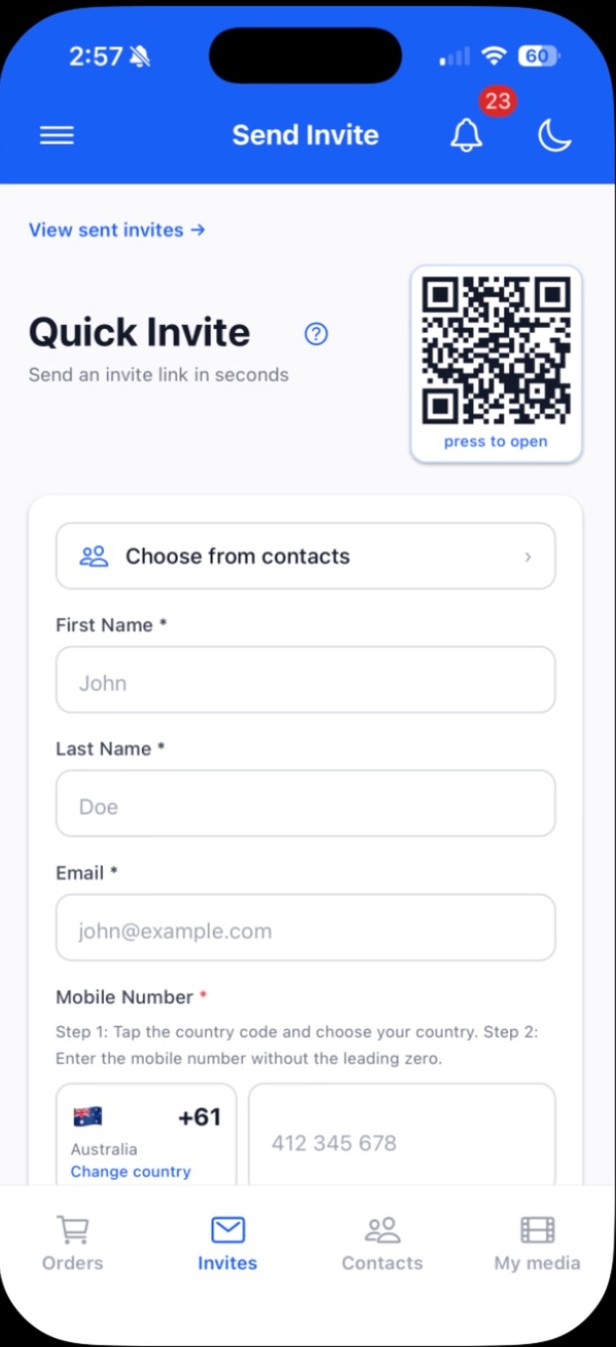 DFS Companion Quick Invite screen with a QR code and invite form