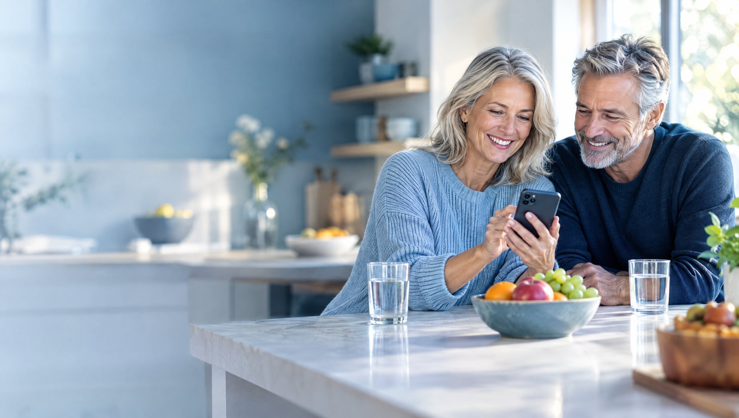 A smiling couple in their kitchen looking at a phone together