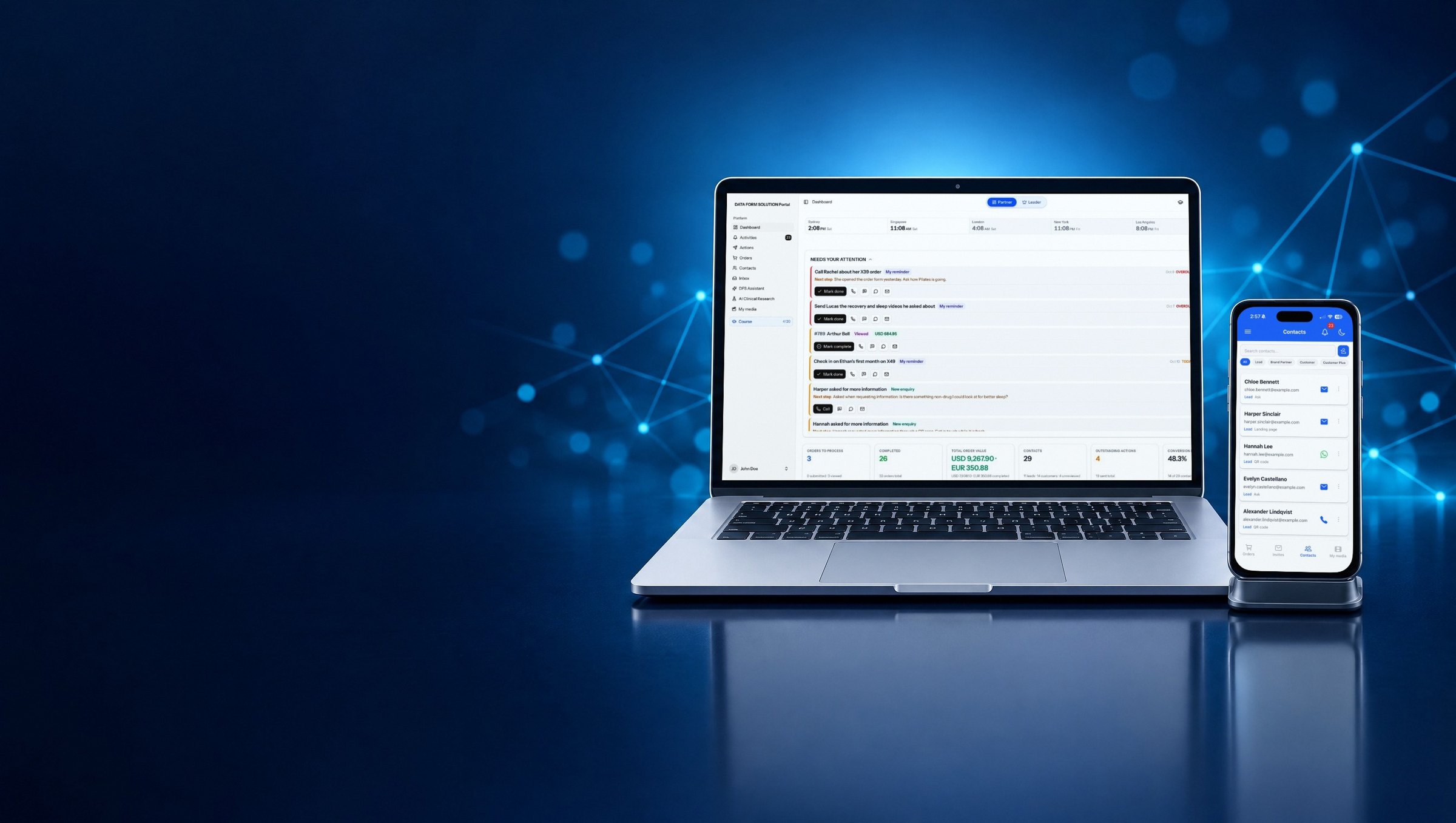 A laptop showing the DFS dashboard beside a phone showing DFS Companion contacts